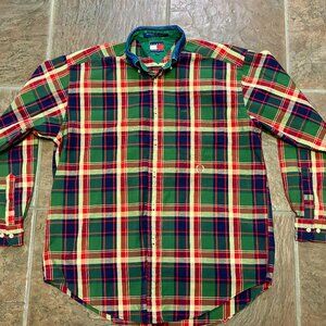 ~~Vintage Tommy Hilfiger Shirt Mens M Plaid with DENIM Collar Crest 90s..EUC!!!!